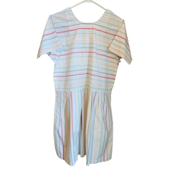LAKE Size S Parasol Pleated Dress White Pastel Stripe Short Sleeve - Picture 2 of 14
